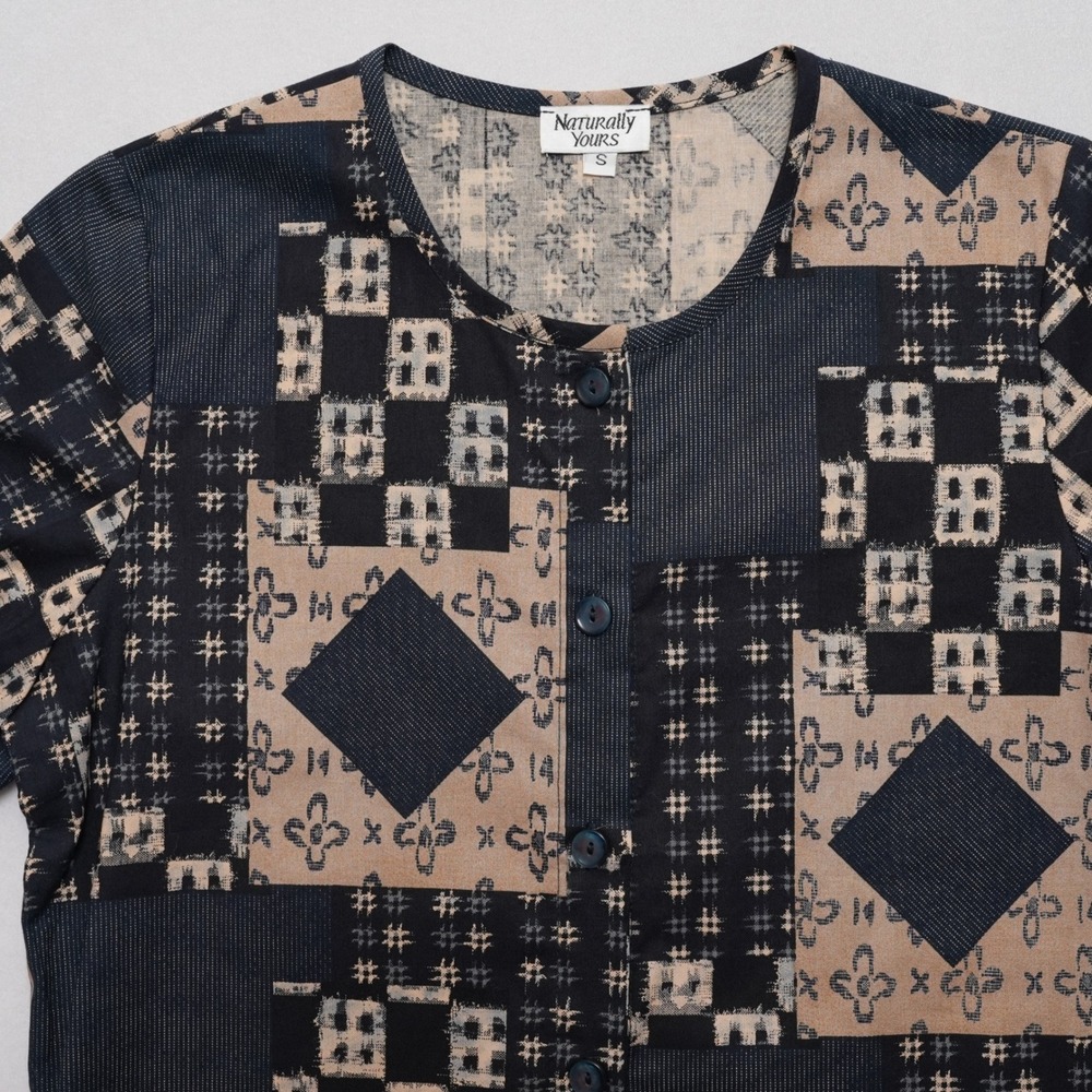 Naturally Yours Hawaii Blouse Small Patchwork Geometric Cotton Top - Picture 2 of 14